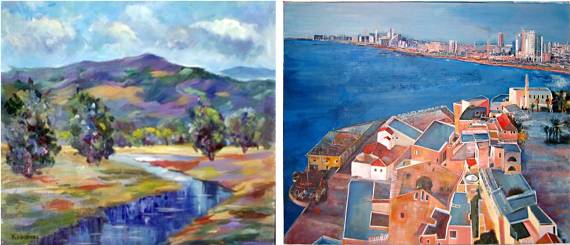Mountains and Sea of Galilee. Painting on right is Jaffa, Tel Aviv by Rina Vizer